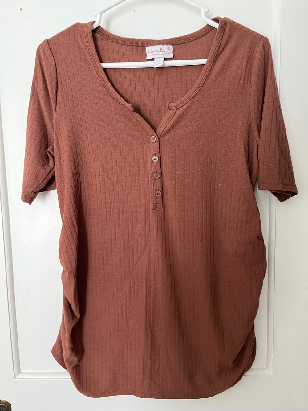 Isabel Maternity by Ingrid & Isabel Short-Sleeve Ribbed Henley in Rust Brown